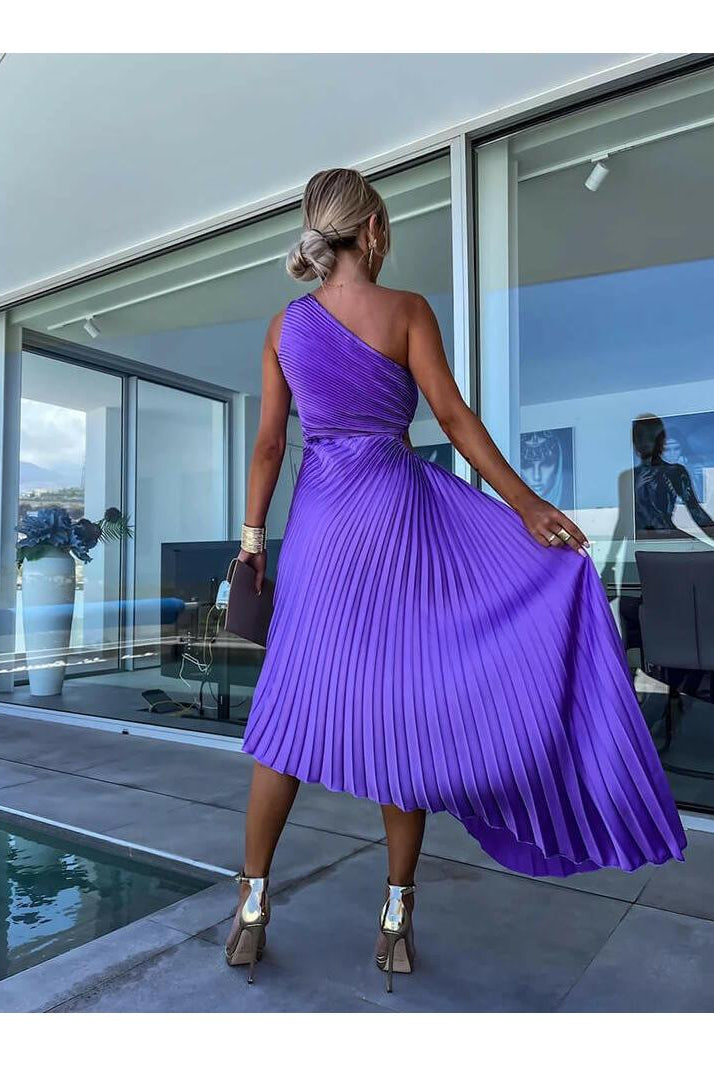 Purple Marjorie Lumina Wear one-shoulder midi dress with elegant fit, showcased on a model against a neutral background.