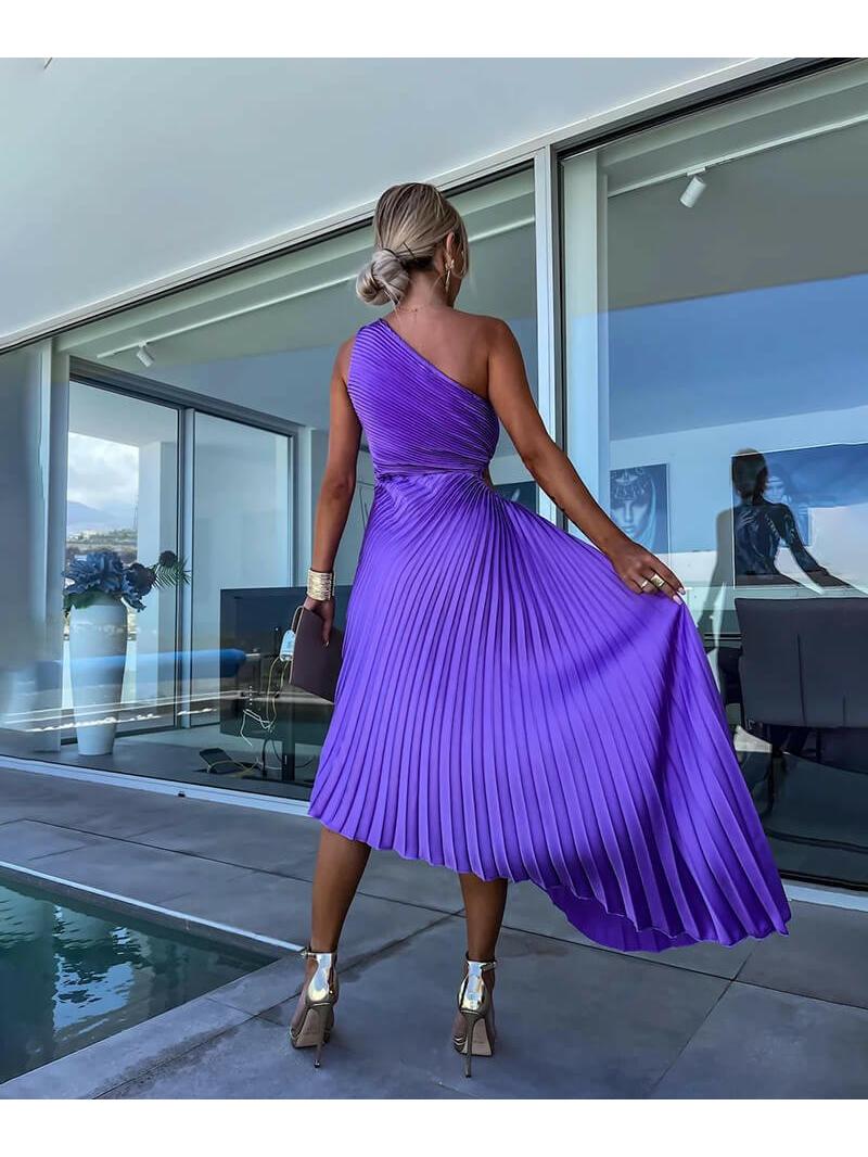 Purple Marjorie Lumina Vancouver one-shoulder midi dress with elegant drape and fitted silhouette, perfect for formal occasions.
