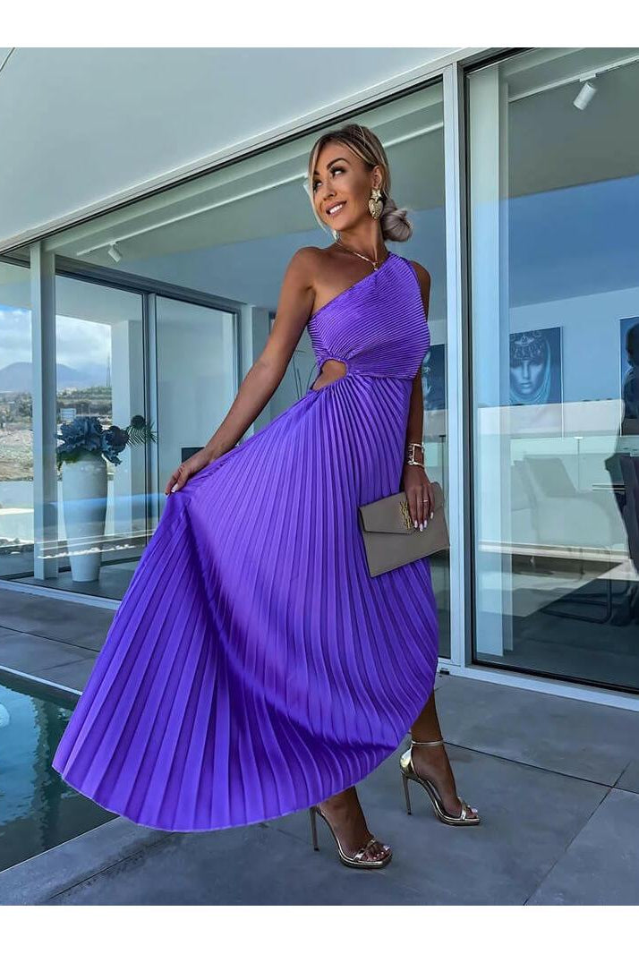 Purple Marjorie Lumina Wear one-shoulder midi dress with elegant design, perfect for formal occasions.