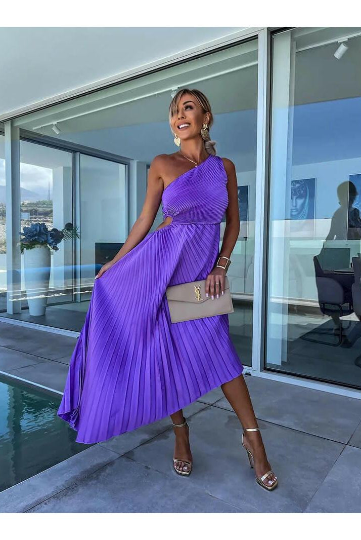 Elegant purple Marjorie one-shoulder midi dress by Lumina Wear, showcasing a stylish silhouette and sophisticated design.