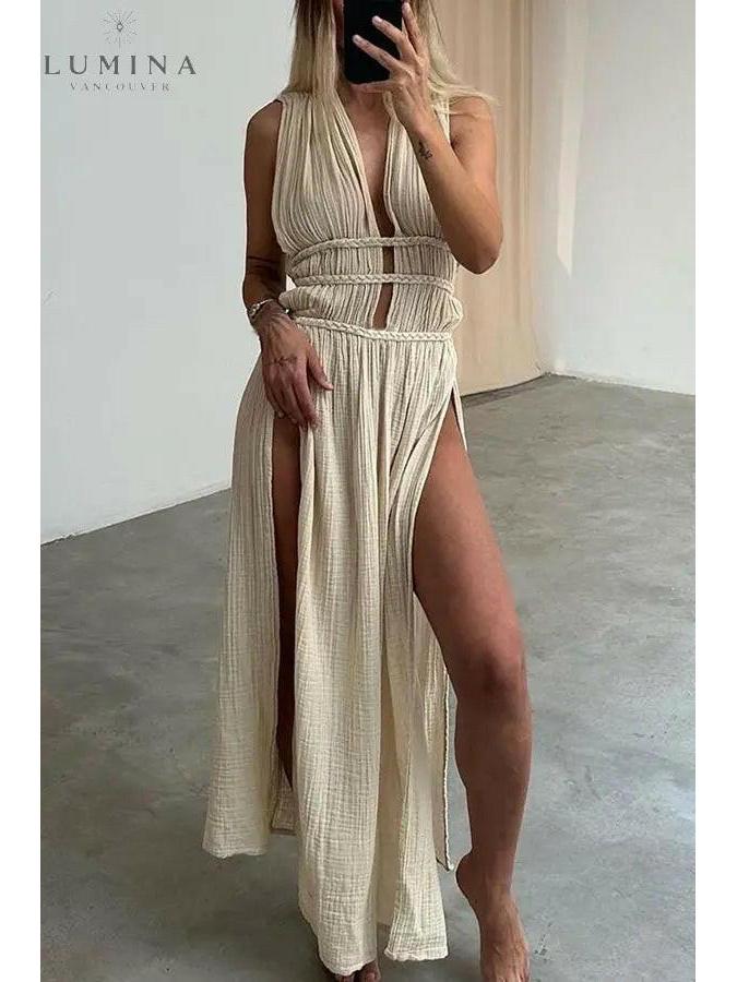 Beige Marylou boho maxi dress by Lumina Vancouver, perfect for holiday vibes, shown on a model with flowing fabric and relaxed style.