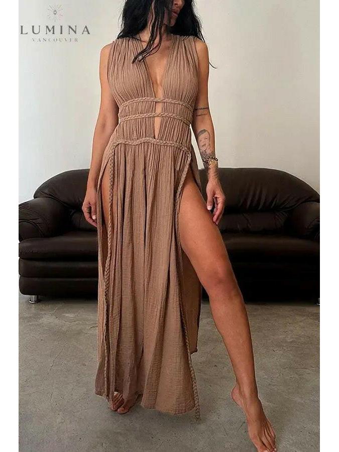 Beige Marylou boho maxi dress by Lumina Vancouver, perfect for holiday vibes, shown on a model with flowing fabric.