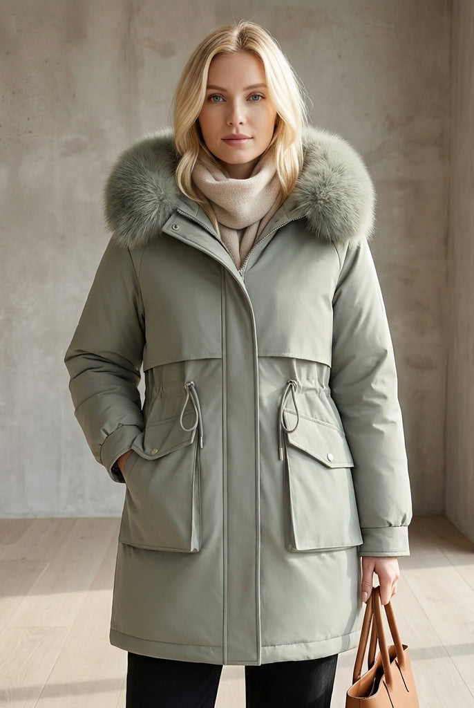Lumina Wear Matilda plush faux-fur collar parka coat with drawstring in army green, XS size, showcasing cozy winter outerwear.