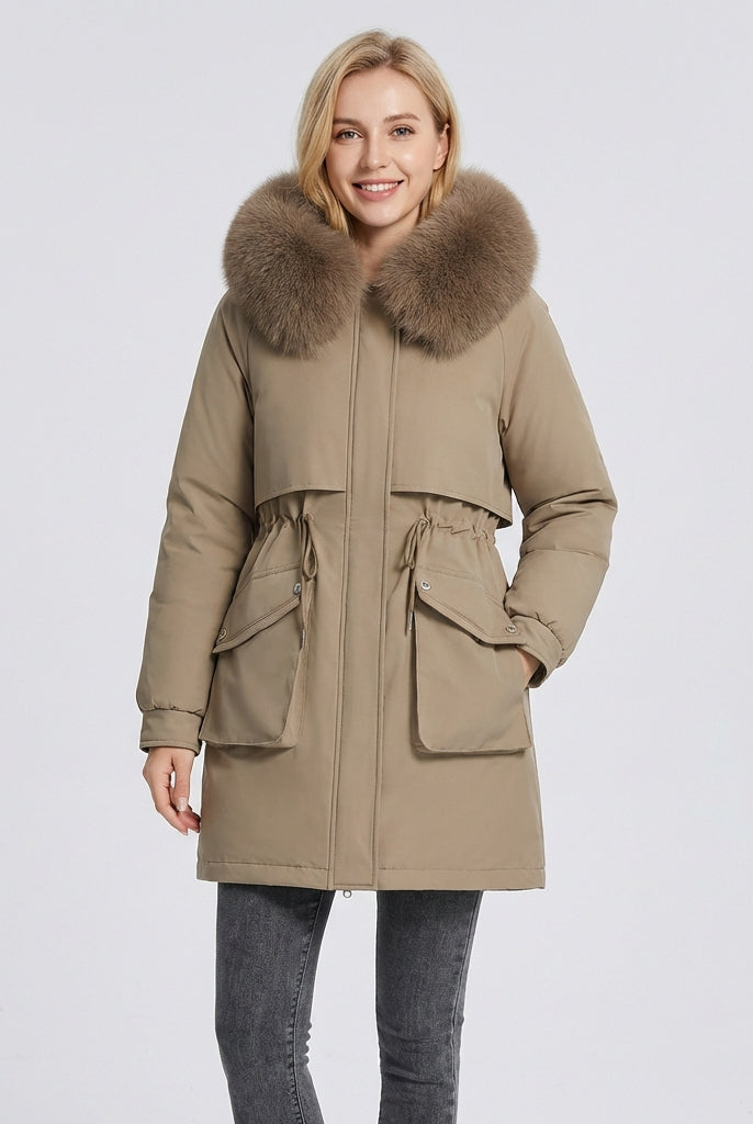 Lumina Wear Matilda plush faux-fur collar parka coat with drawstring in army green, XS size, warm and stylish outdoor jacket.