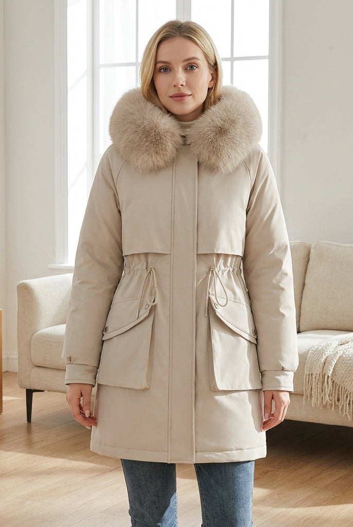 Lumina Wear Matilda plush faux-fur collar parka coat with drawstring in army green, XS, stylish winter outerwear.