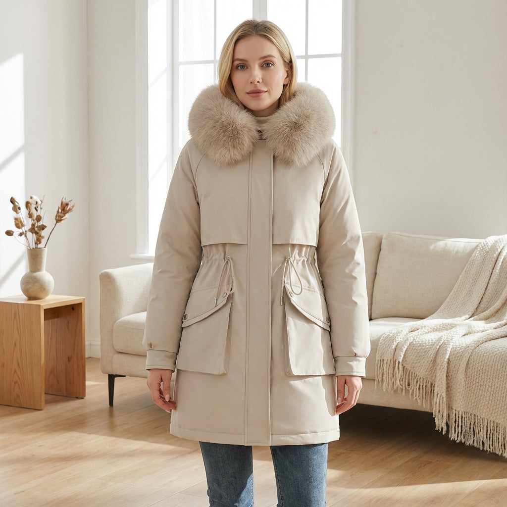 Lumina Wear Matilda plush faux-fur collar parka coat with drawstring in army green, XS, stylish winter outerwear.