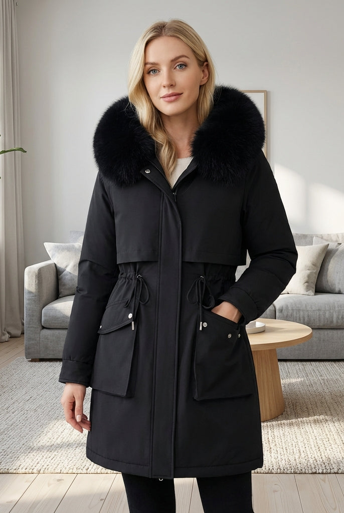 Lumina Wear Matilda plush faux-fur collar parka coat with drawstring in army green, XS, featuring warm, stylish winter outerwear.