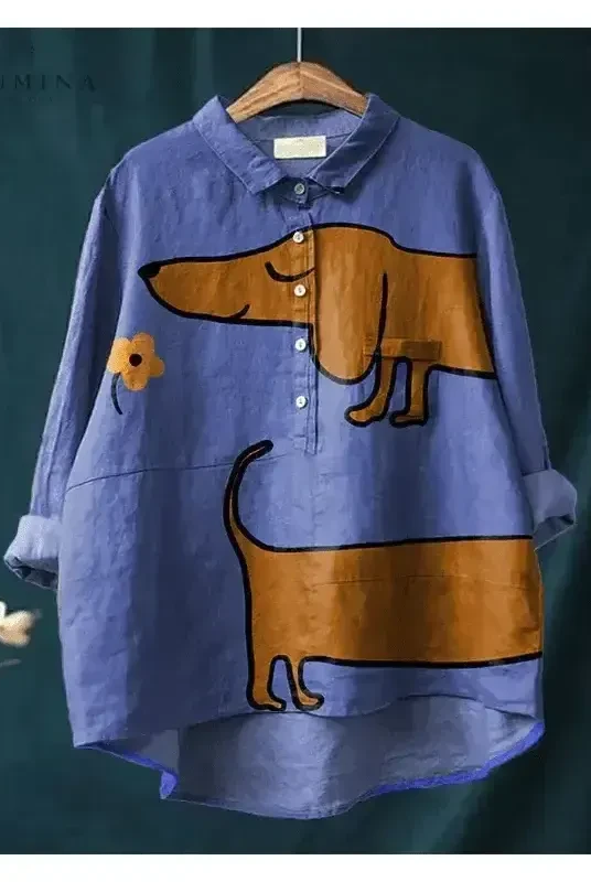 Multicolor Alix Canine Art T-Shirt by Lumina Wear featuring vibrant dog illustrations on a casual tee, size S.