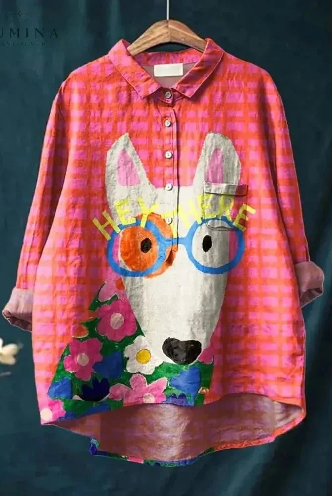 Pink dog art T-shirt by Lumina Wear featuring a playful dog illustration, casual fit, perfect for dog lovers and fashion enthusiasts.