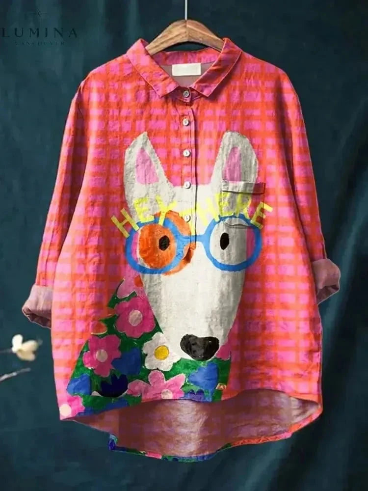 Pink Berthe dog art T-shirt by Lumina Vancouver featuring a playful dog illustration on a casual tee.