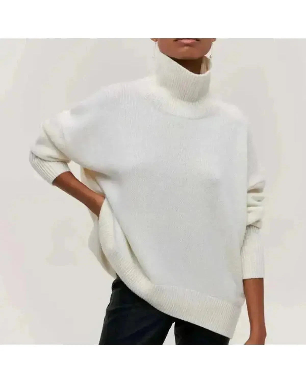 Lumina Wear Mia cozy blue turtleneck sweater, front view showing soft knit fabric and classic design.