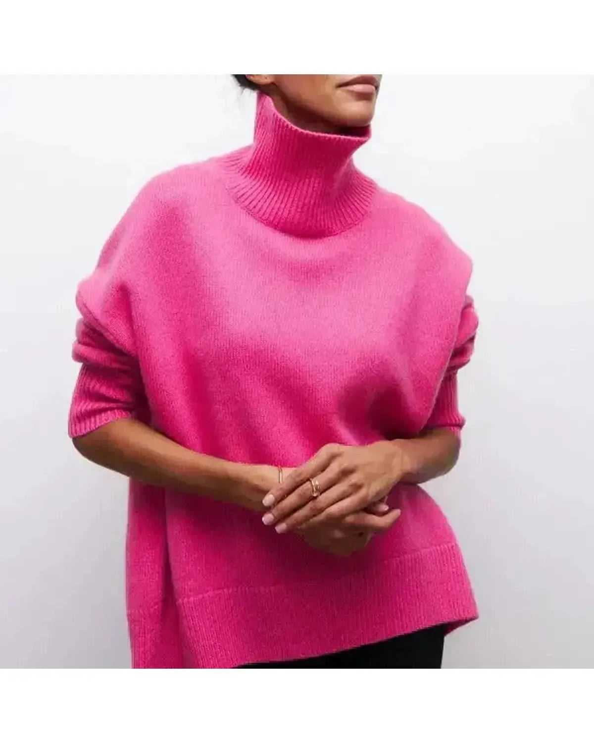 Blue Mia Cozy Turtleneck Sweater by Lumina Wear, featuring a soft knit fabric and a snug turtleneck design.