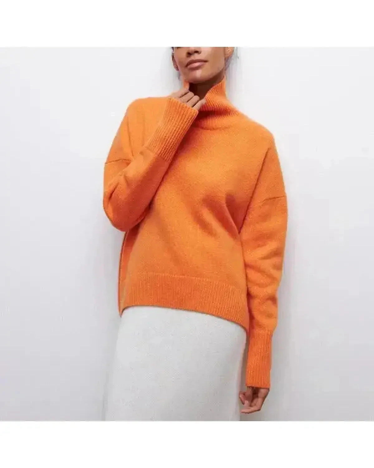 Lumina Wear Mia cozy blue turtleneck sweater, front view showing soft knit fabric and snug fit, perfect for winter wear.