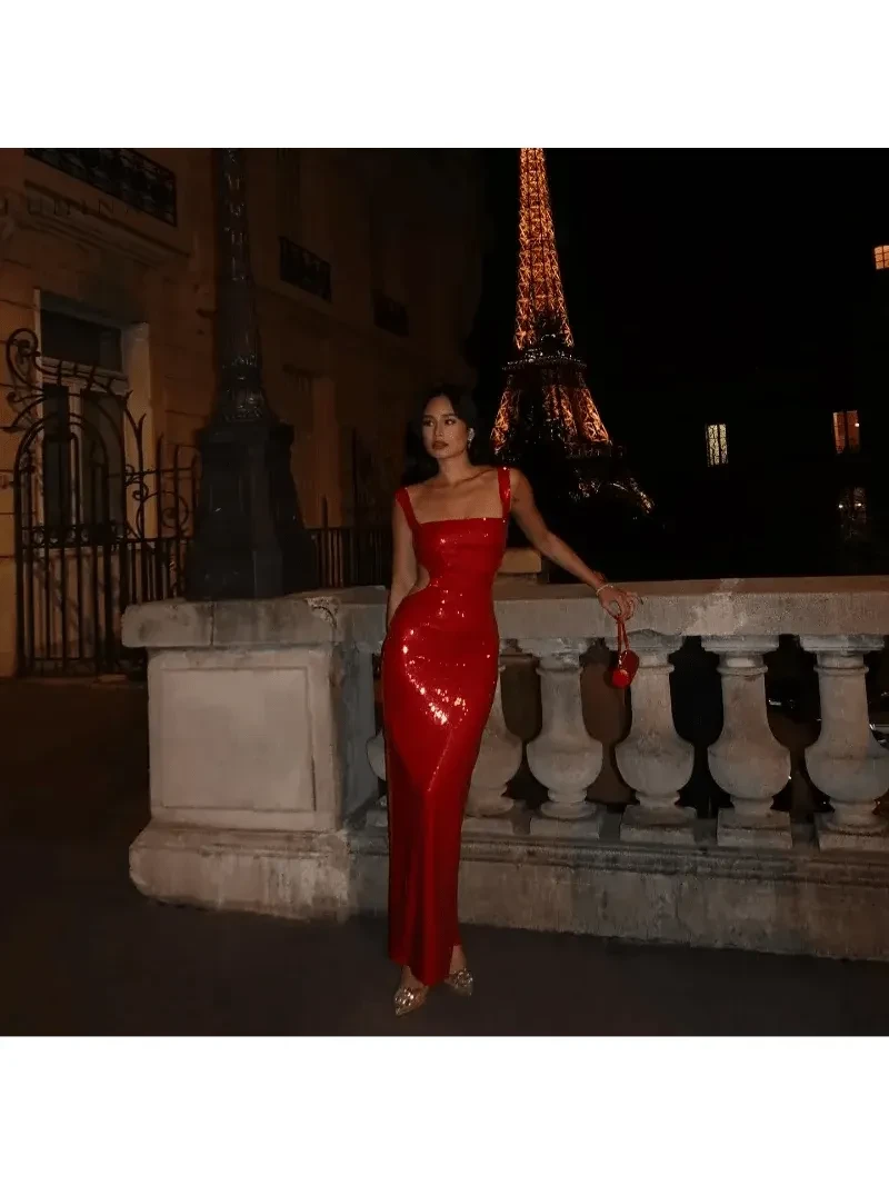 Silver Michaela Spaghetti Strap Shimmer Maxi Dress by Lumina Vancouver, perfect for girls' night out, showcased on a model.