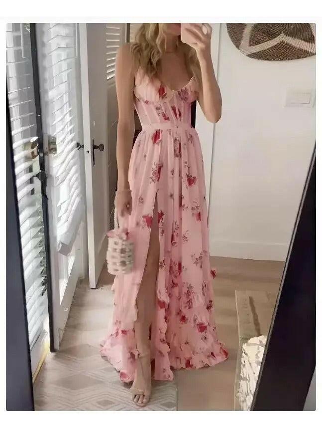 Pink floral dress by Lumina Vancouver, the Michela elegant dress features a flattering fit and delicate flower pattern.