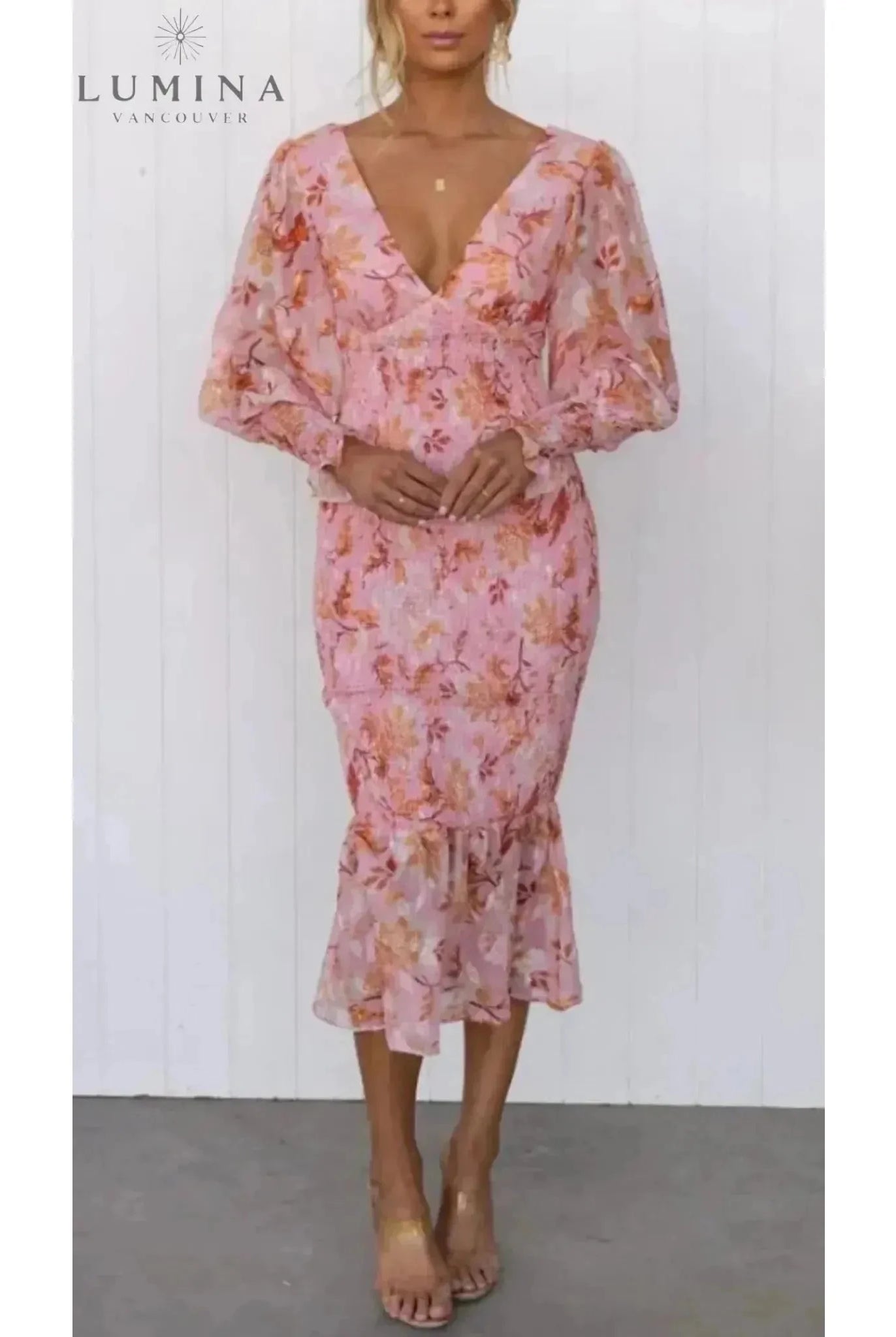 Pink Milla flower evening dress by Lumina Wear, featuring floral details, perfect for wedding guests or special occasions.