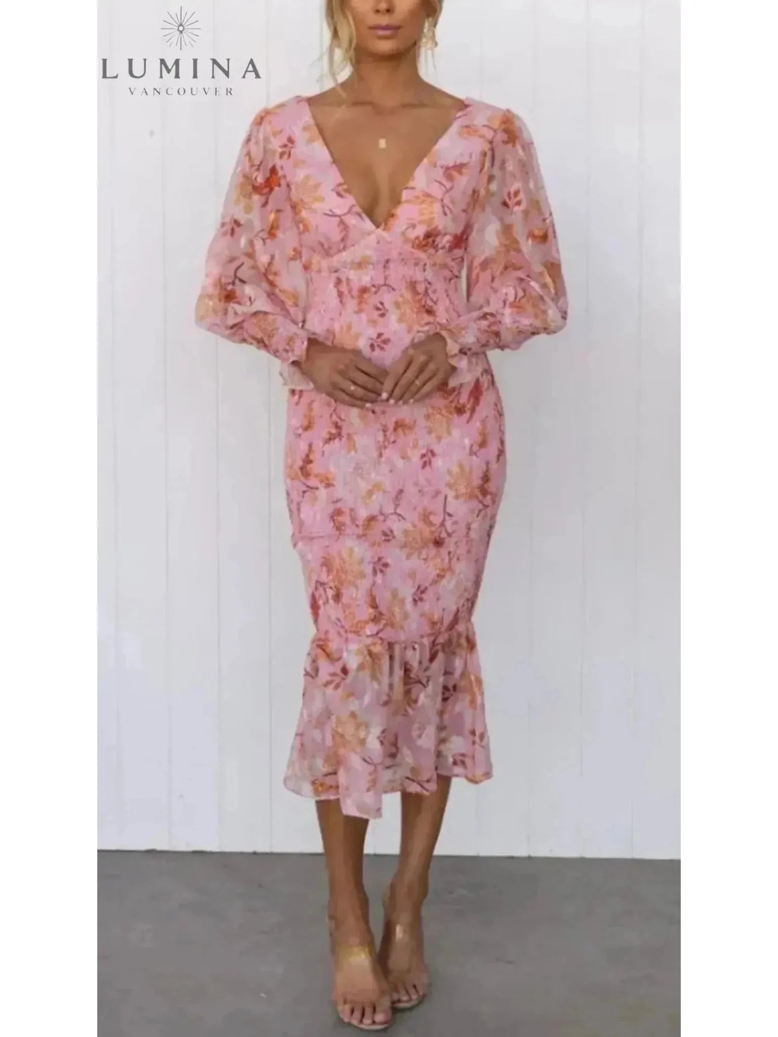 Pink Milla flower dress by Lumina Vancouver, elegant wedding guest dress with floral details and feminine style.