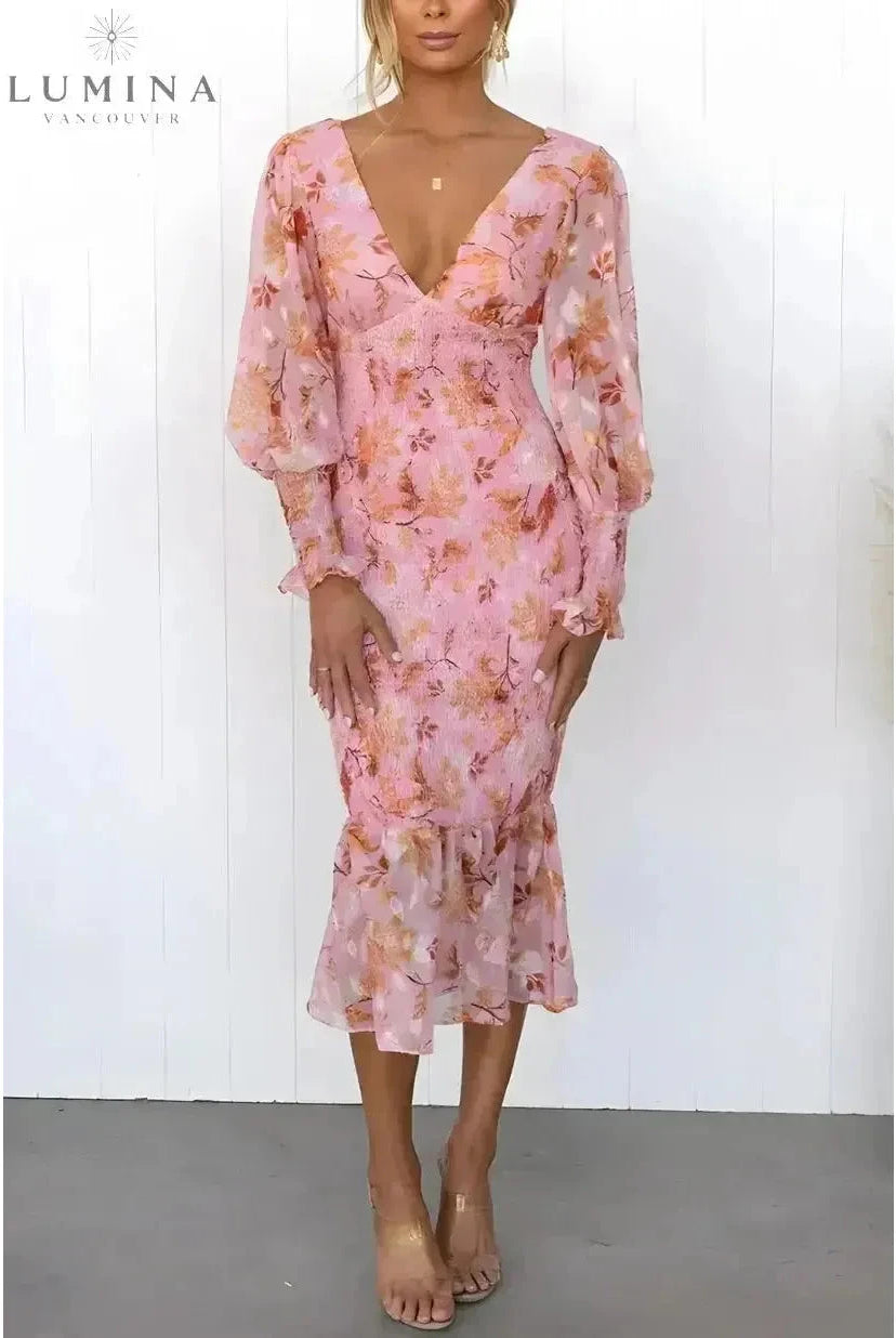 Pink Milla flower evening dress by Lumina Wear, featuring a floral design, perfect for wedding guests or special occasions.