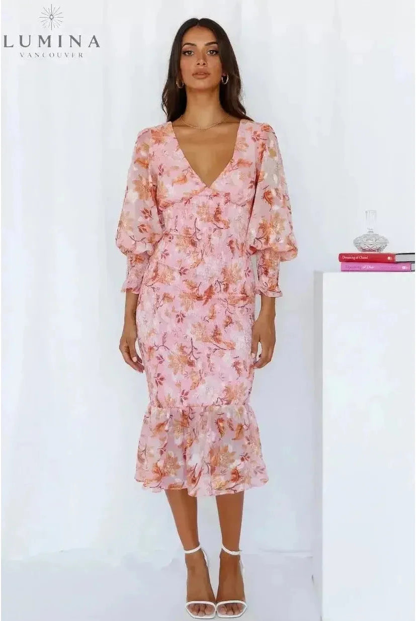 Pink Milla evening flower dress by Lumina Wear, featuring a floral design perfect for wedding guest attire.