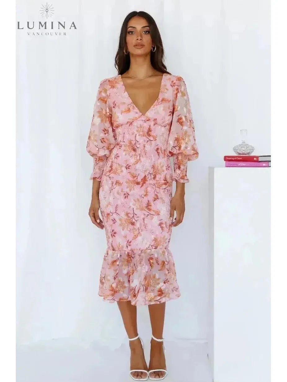 Pink Milla flower dress by Lumina Vancouver, elegant wedding guest dress with floral design and flattering fit.
