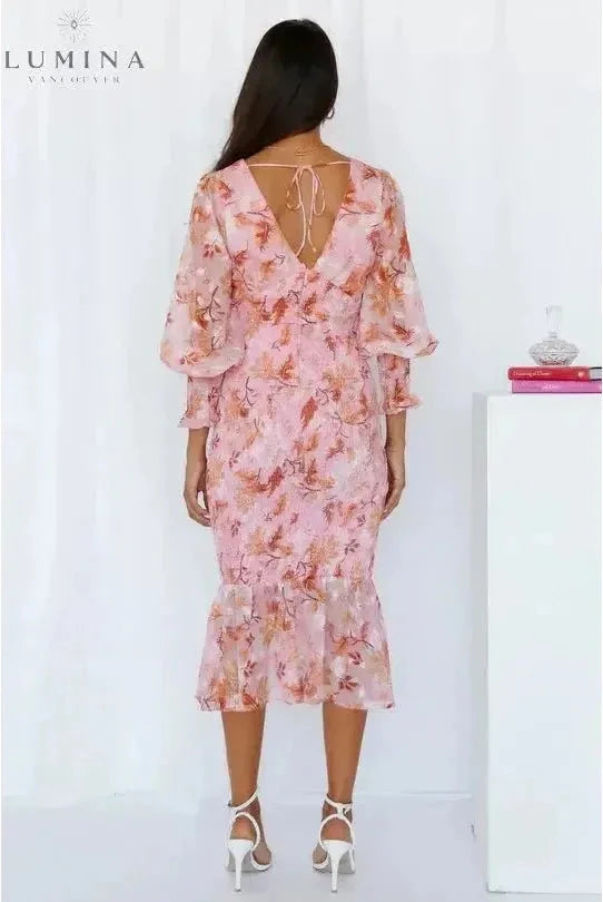 Pink Milla flower evening dress by Lumina Wear, featuring a stylish floral design, perfect for weddings and special occasions.