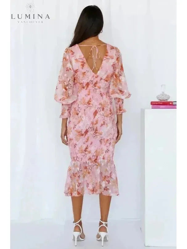 Pink Milla flower dress by Lumina Vancouver, elegant wedding guest dress with floral design, perfect for special occasions.