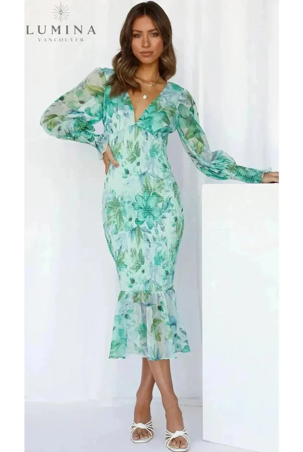 Pink flower evening dress by Lumina Wear featuring a floral pattern, perfect for wedding guest attire.