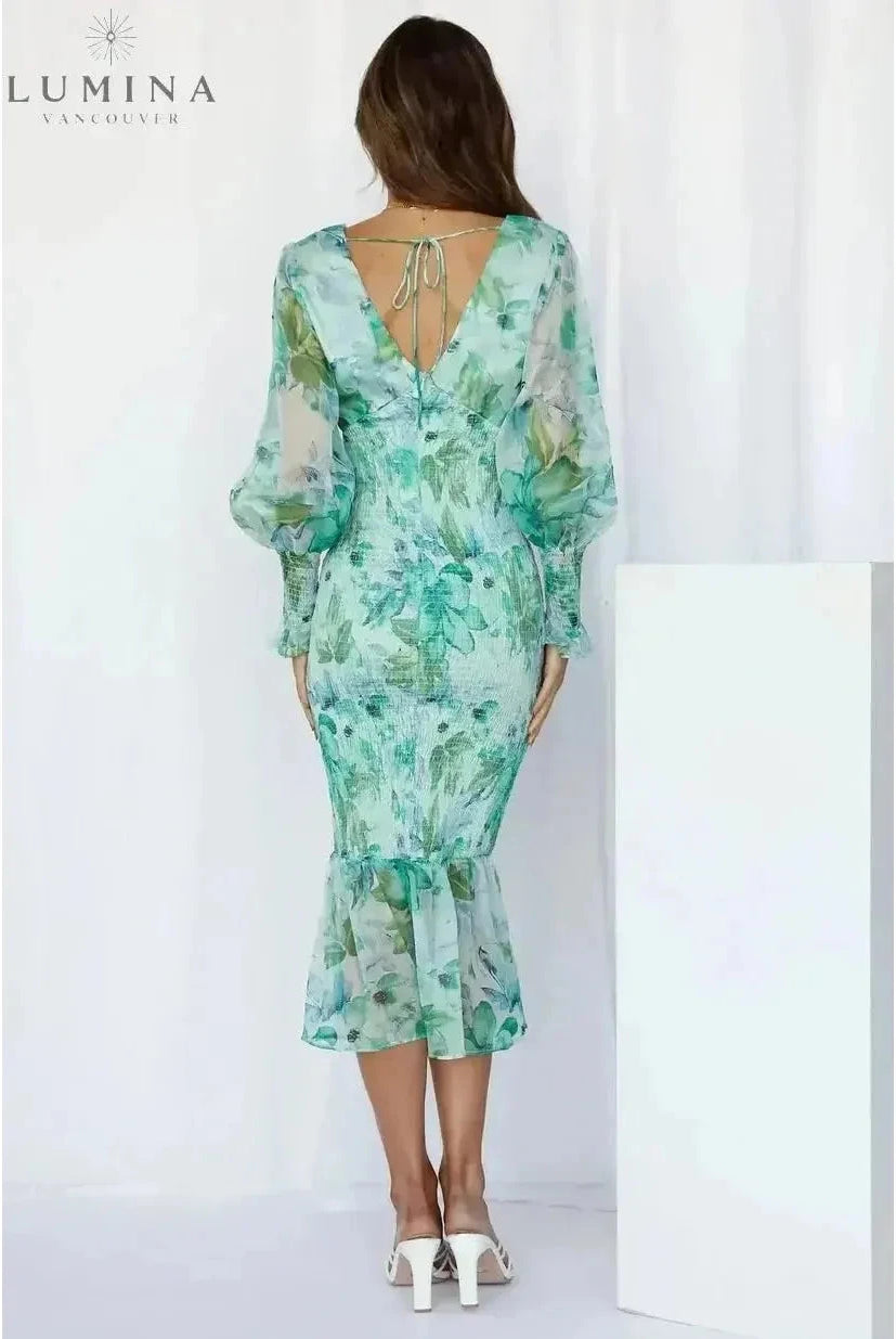 Pink Milla flower evening dress by Lumina Wear, featuring a floral design and elegant style, perfect for wedding guest attire.