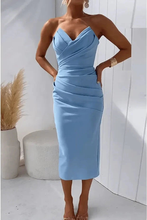 Blue Milly strapless dress by Lumina Vancouver, elegant evening dress with a fitted bodice and flowing skirt.
