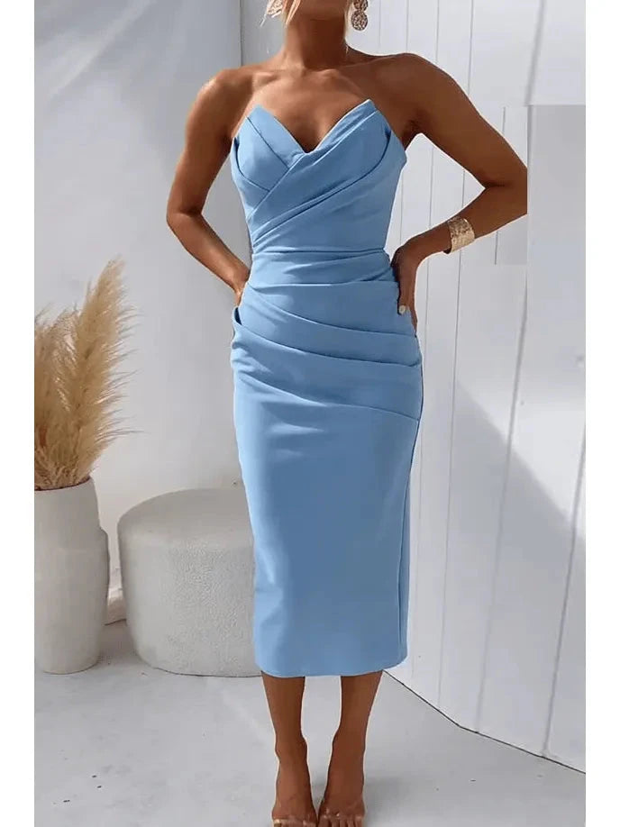 Blue Milly strapless dress by Lumina Vancouver, elegant evening dress with a fitted bodice and flowing skirt.