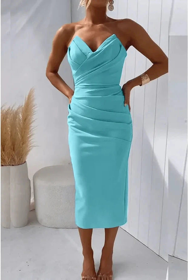 Blue Milly strapless dress by Lumina Vancouver, elegant sleeveless gown with fitted bodice and flowing skirt.