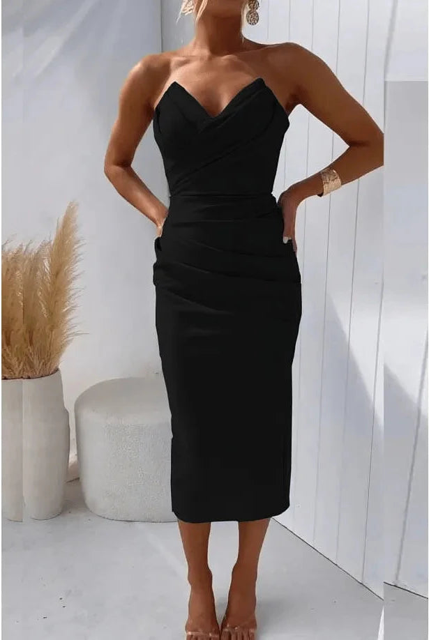 Blue elegant strapless dress by Lumina Vancouver, style Milly, showcasing a sleek, fitted silhouette perfect for formal occasions.