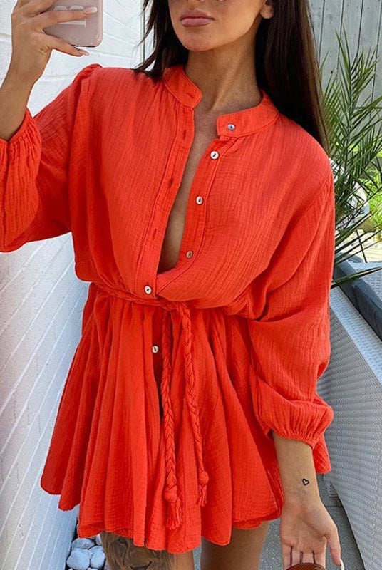 Green Lumina Wear Sade mini button-up dress with tie waist, featuring a stylish fit and casual chic design.