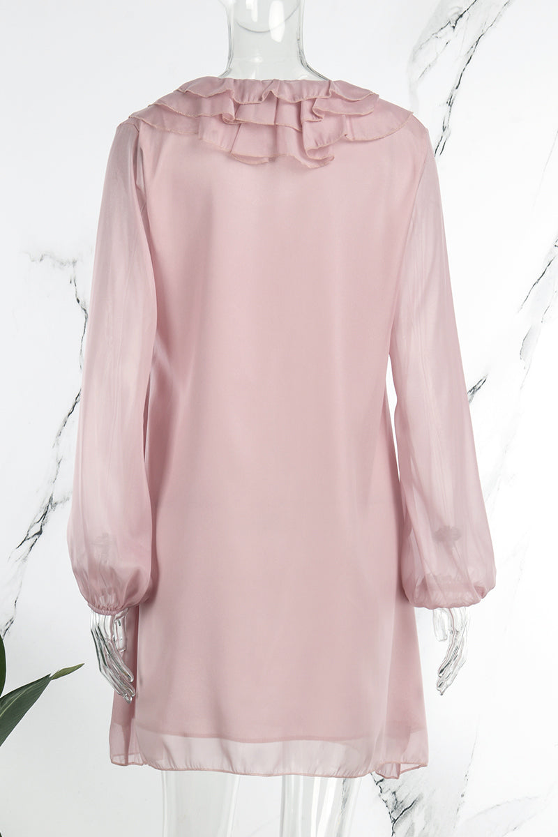Pink knee-length flowy V-neck dress by Lumina Vancouver, featuring a stylish and comfortable mini dress design.