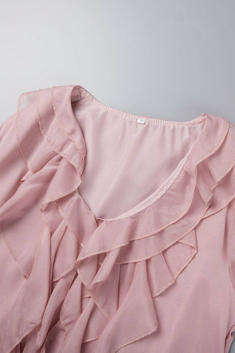 Pink knee-length flowy V-neck dress by Lumina Vancouver, stylish mini dress with a relaxed fit and elegant silhouette.