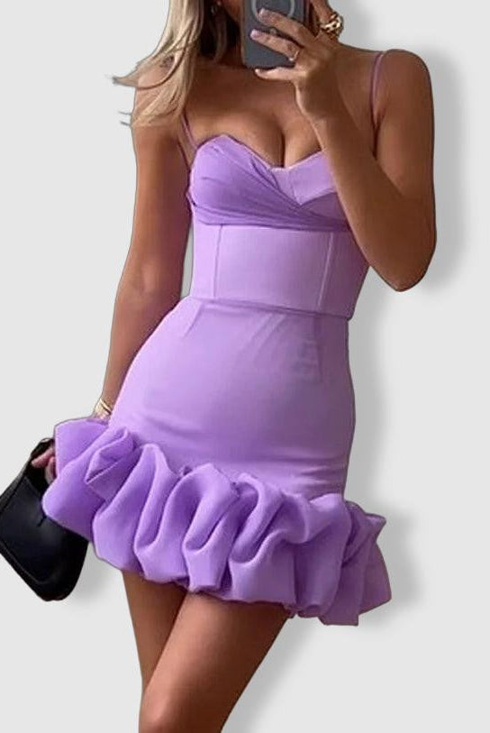 Purple Mira mini dress with spaghetti straps by Lumina Vancouver, featuring a fitted silhouette and stylish design.