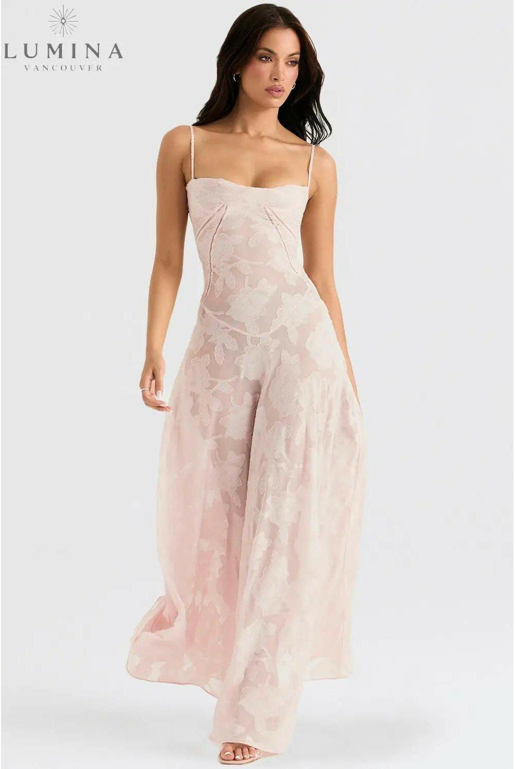 White Mireille Romantic Summer Dress by Lumina Wear, featuring breezy fabric and floral details, perfect for summer holiday vibes.