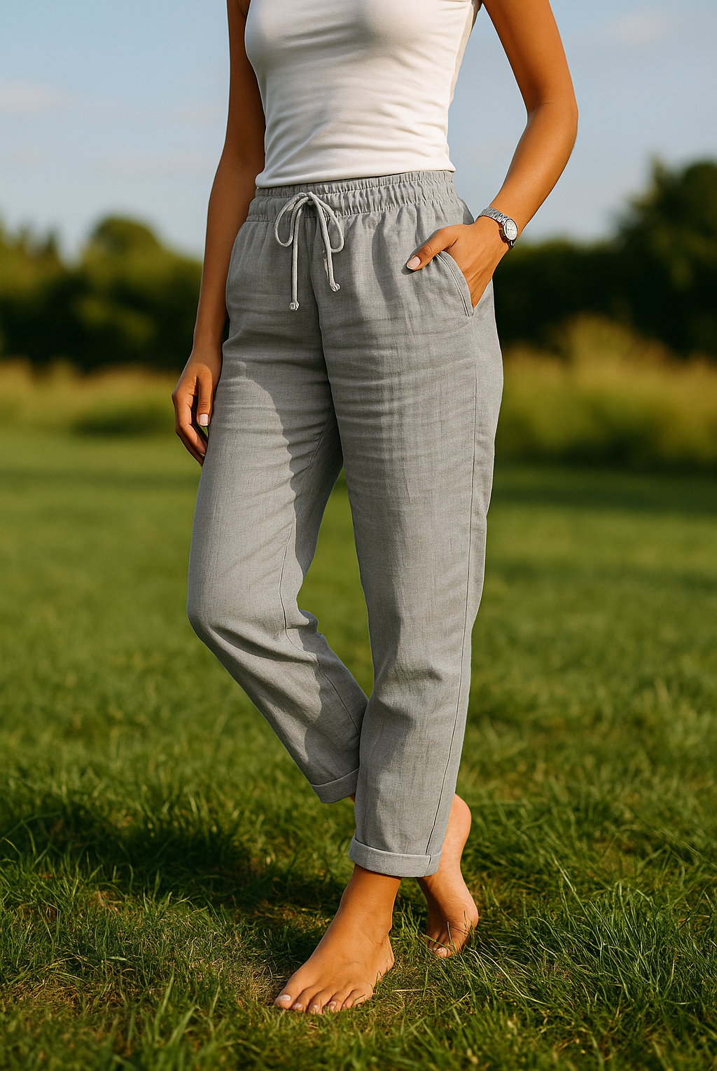 Beige Lumina Wear Monica trousers with elastic waistband and comfortable fit, shown in size S on a model.
