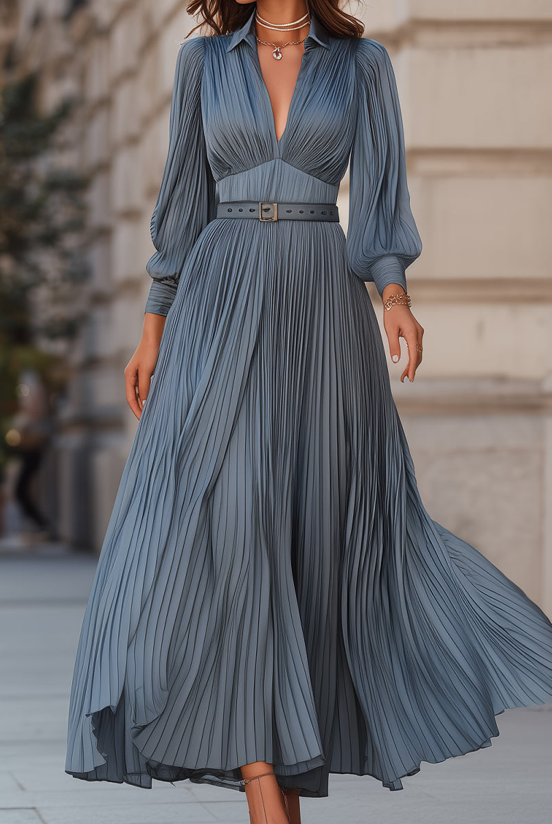 Steel blue pleated midi dress by Lumina Wear, featuring a flowing maxi design with elegant pleats and a sophisticated silhouette.