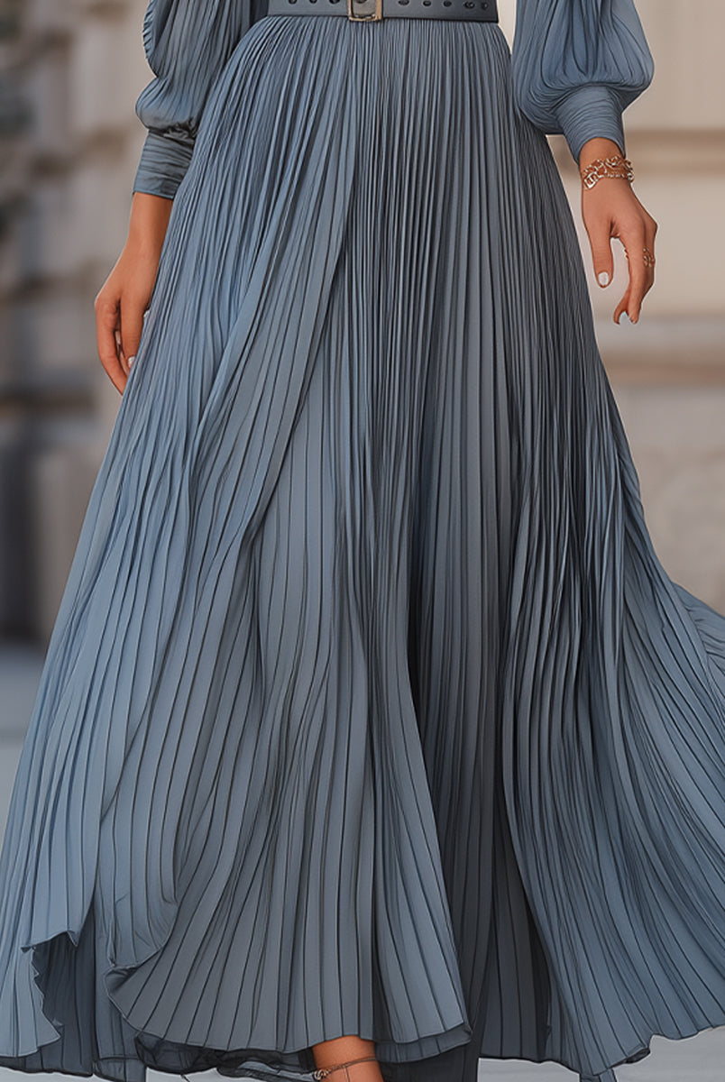 Steel blue pleated midi dress by Lumina Wear, featuring a flowy maxi design with a fitted waist and elegant pleats.