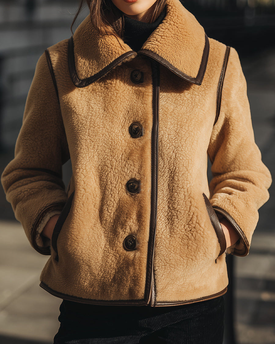 Brown Doreen faux shearling button-up jacket by Lumina Wear, shown on a model, featuring a cozy collar and stylish design.