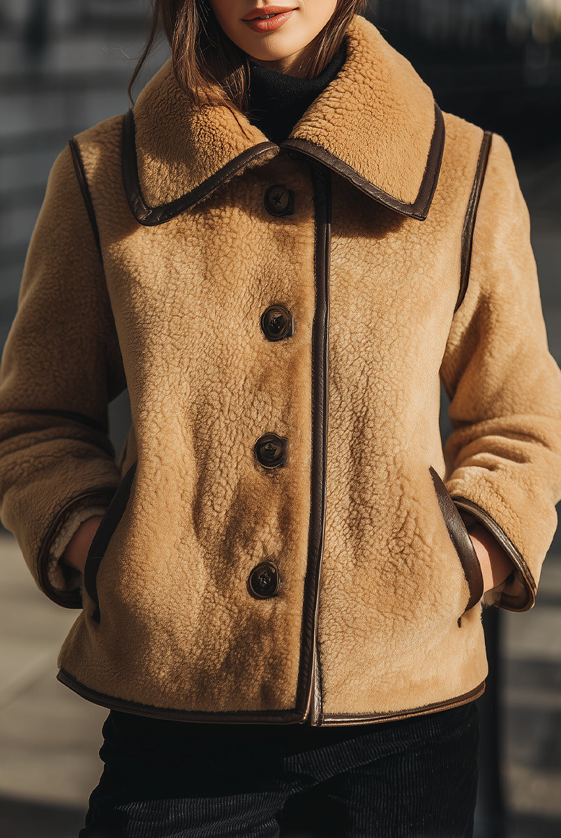 Brown Lumina Vancouver Doreen faux shearling button-up jacket with collar and front pockets, XS size, cozy and stylish outerwear.