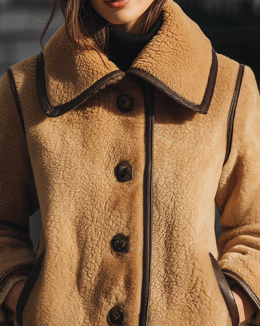 Brown Lumina Wear Doreen faux shearling button-up jacket styled with a collar and button details, shown on a model.