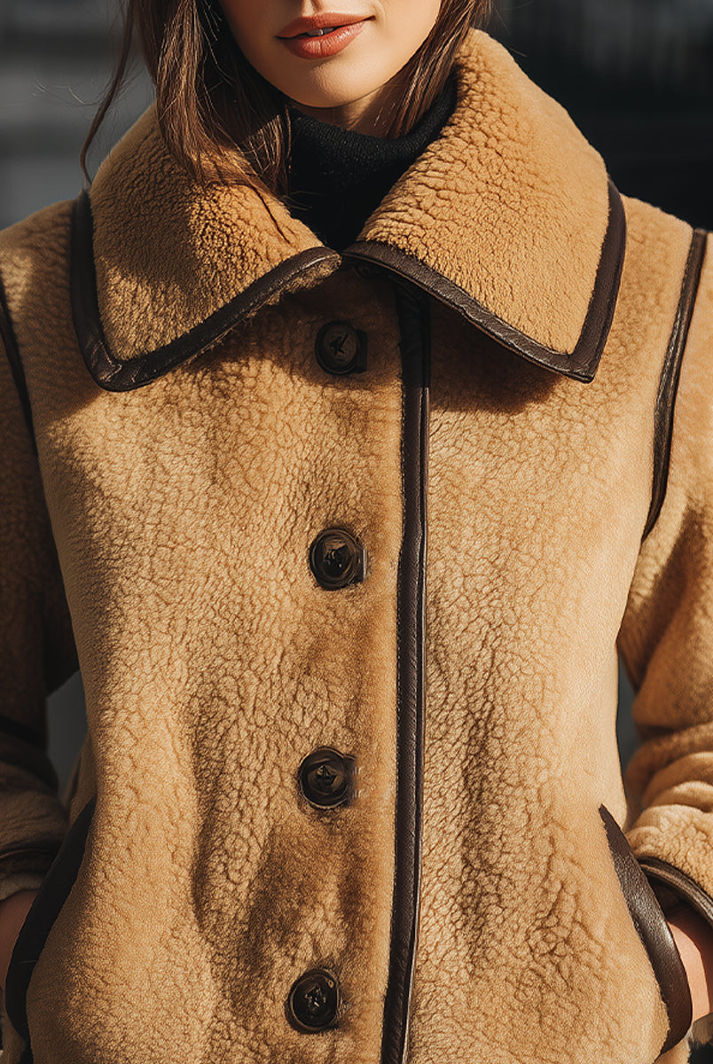 Brown Doreen Faux Shearling Button-Up Jacket by Lumina Vancouver, front view showing cozy shearling details and button closure.