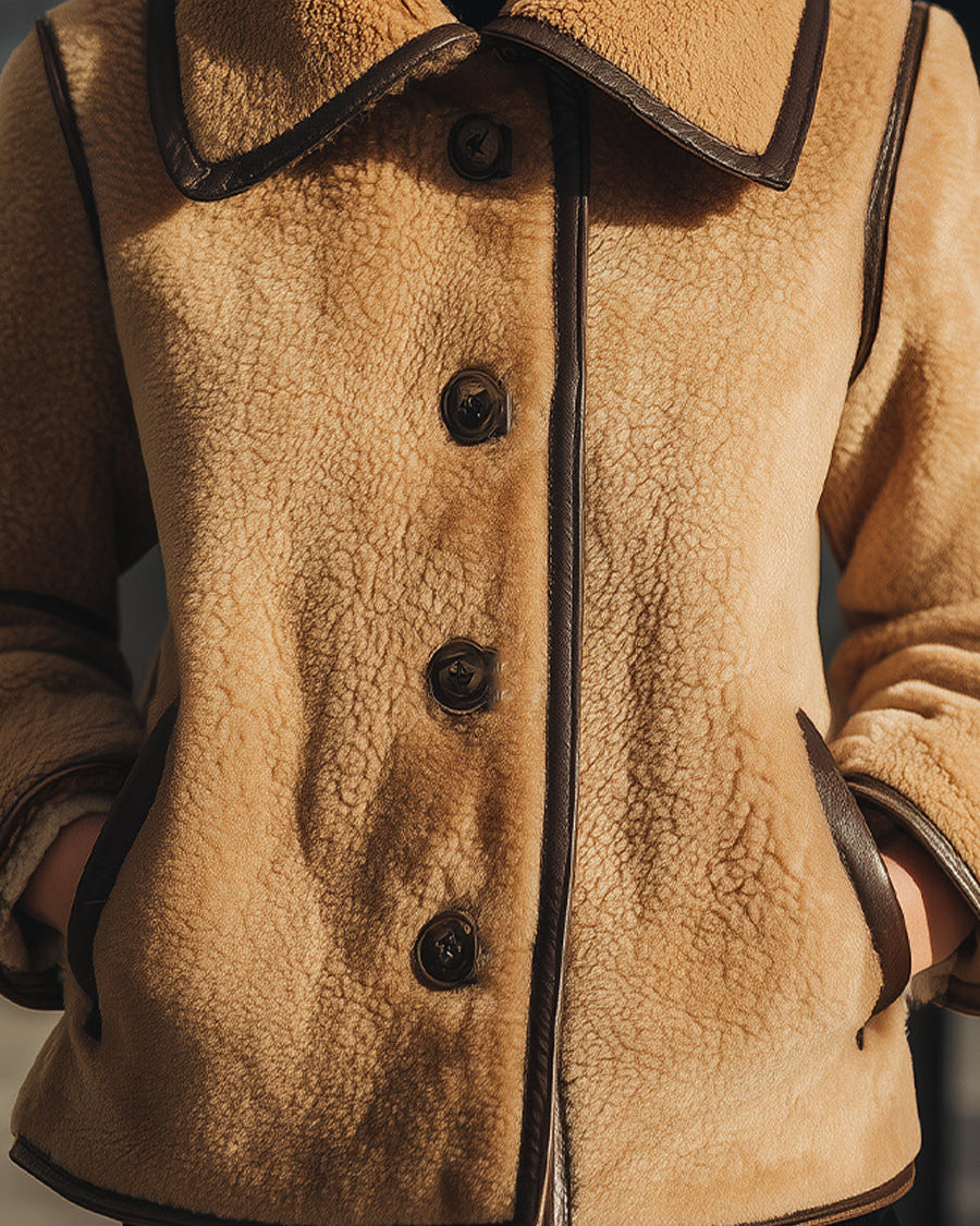 Brown Doreen Lumina Wear faux shearling button-up jacket displayed on a model, featuring a cozy collar and button details.