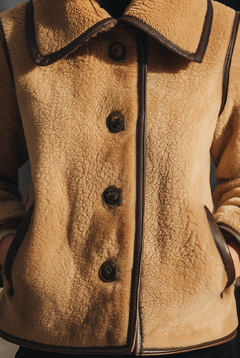 Brown Lumina Vancouver Doreen faux shearling button-up jacket with collar and front buttons, shown on a model.