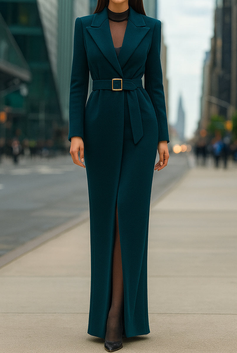 Emerald green Lumina Vancouver tailored belted maxi coat with a structured design and front pockets, perfect for elegant winter wear.