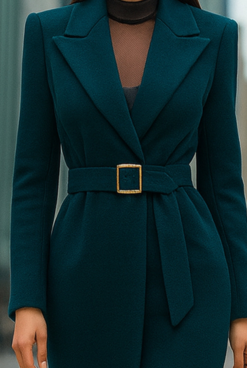 Emerald green Lumina Vancouver tailored belted maxi coat with a structured fit and stylish lapel collar, perfect for sophisticated winter wear.