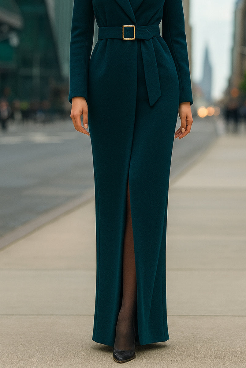 Emerald green Lumina Vancouver tailored belted maxi coat with a structured design and classic collar, displayed on a mannequin.