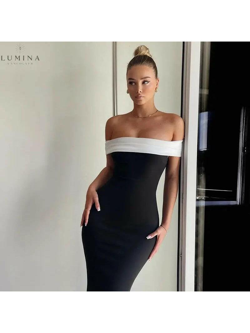 Lumina Vancouver Morgana off-shoulder contrast maxi dress in old money style, flowing fabric with elegant neckline and sophisticated design.